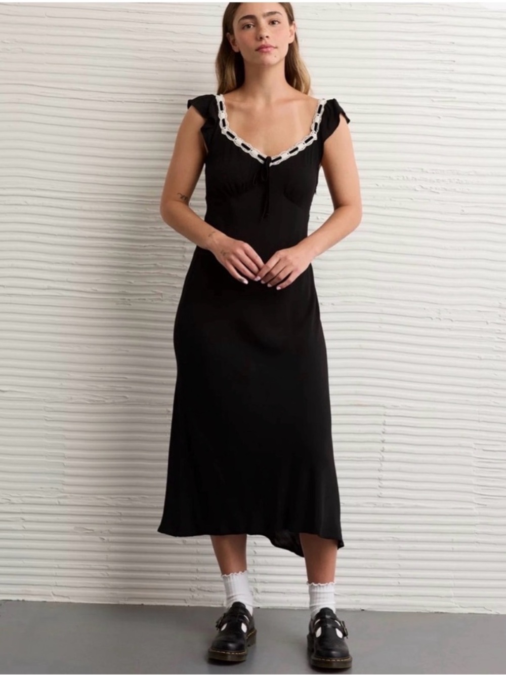 American Eagle Outfitters Black Midi Dress with White Lace Trim